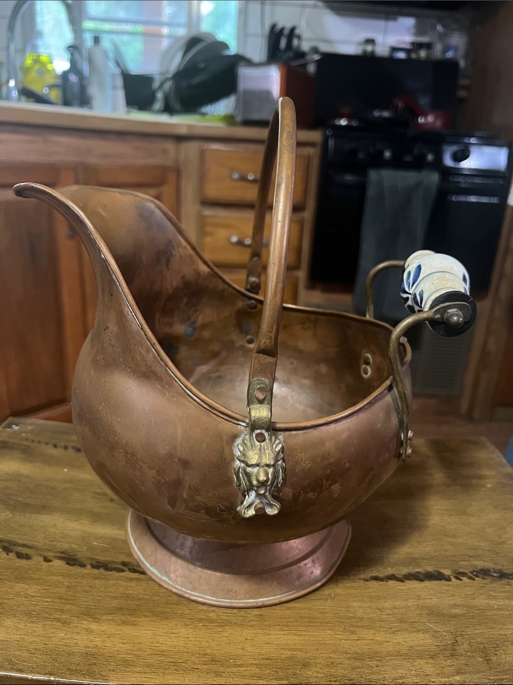 Antique Copper Coal Scuttle with Porcelain Handle - Copper